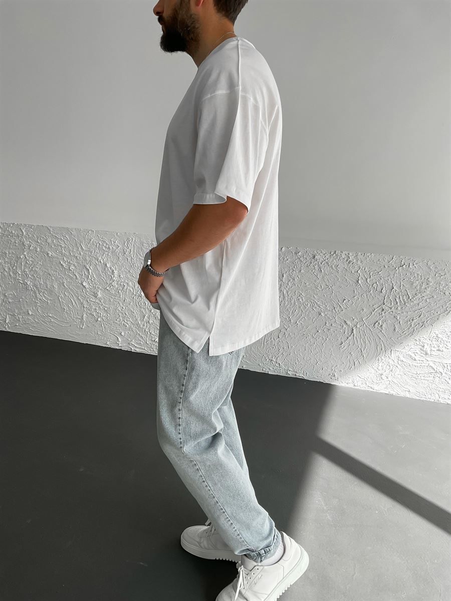 Beyaz Yırtmaçlı Basic Oversize T-Shirt BY-1268