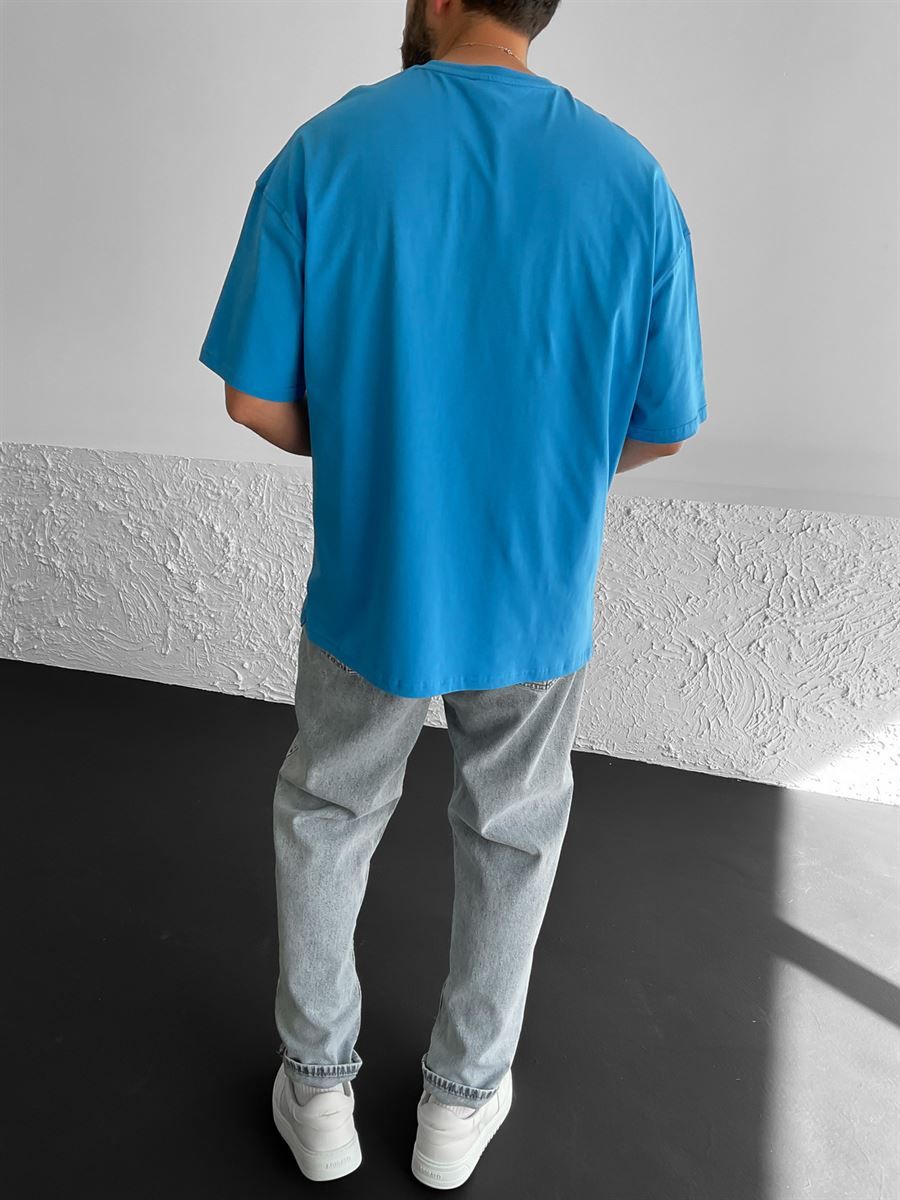 Mavi Yırtmaçlı Basic Oversize T-Shirt BY-1268