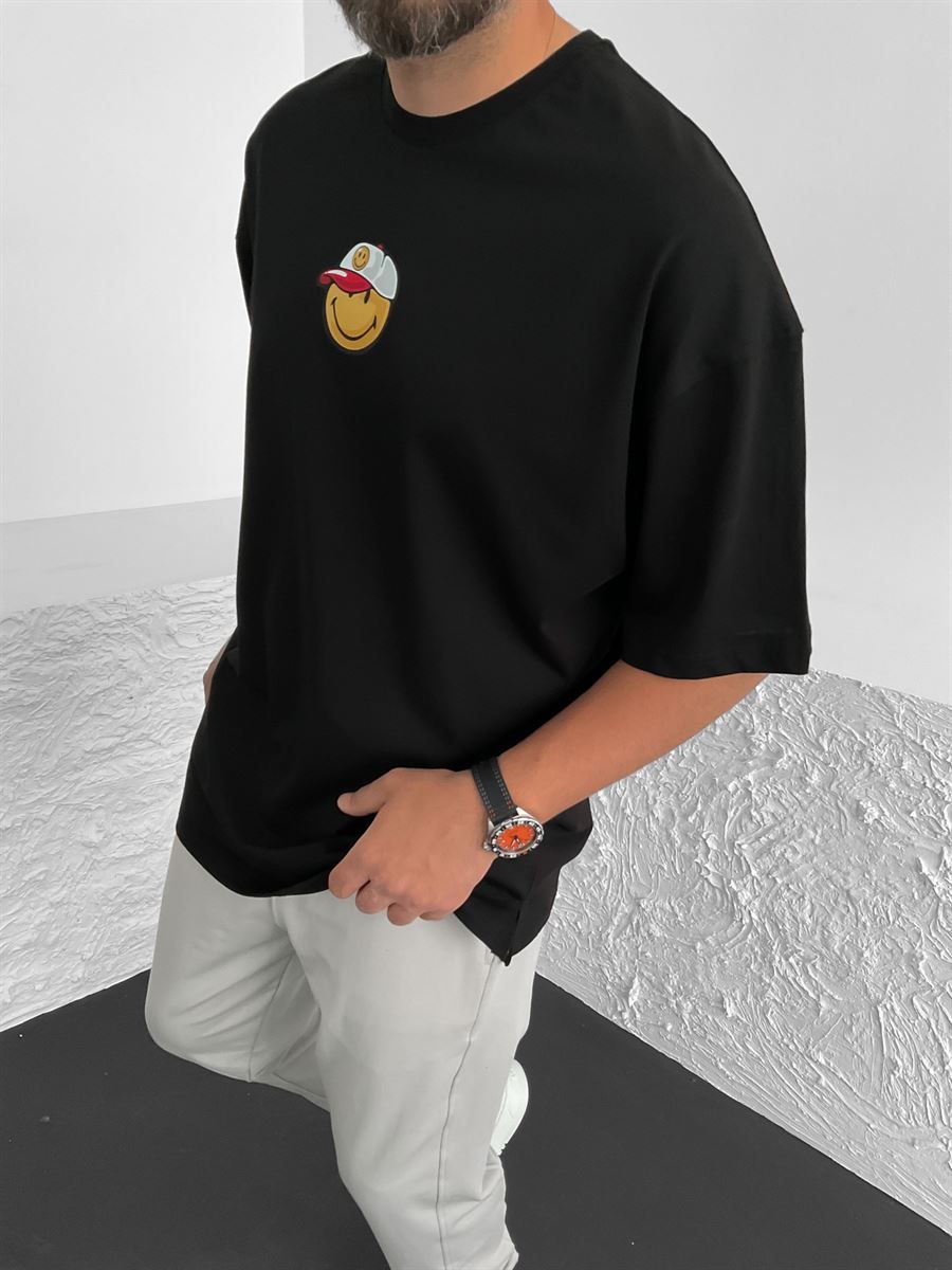 Siyah Smile Cap Baskılı Oversize T-Shirt BY-1301