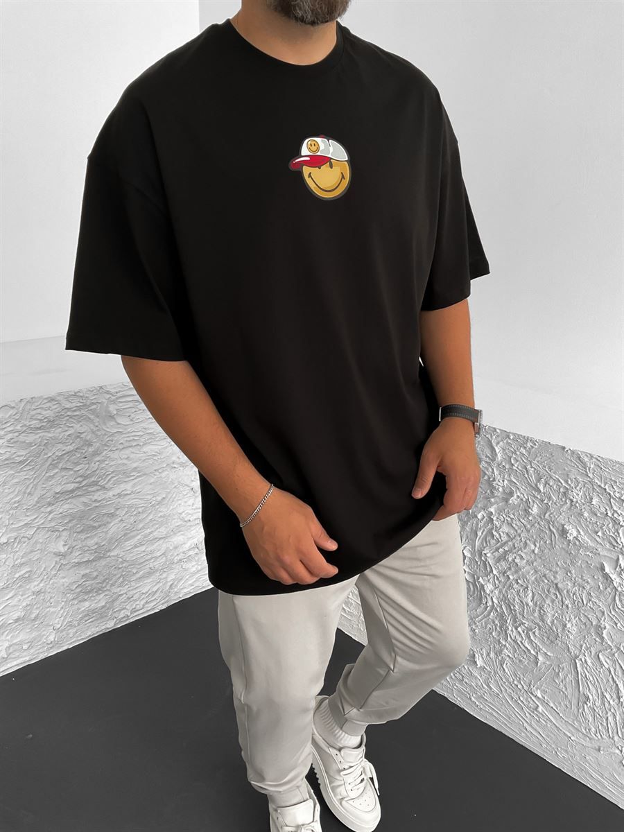 Siyah Smile Cap Baskılı Oversize T-Shirt BY-1301
