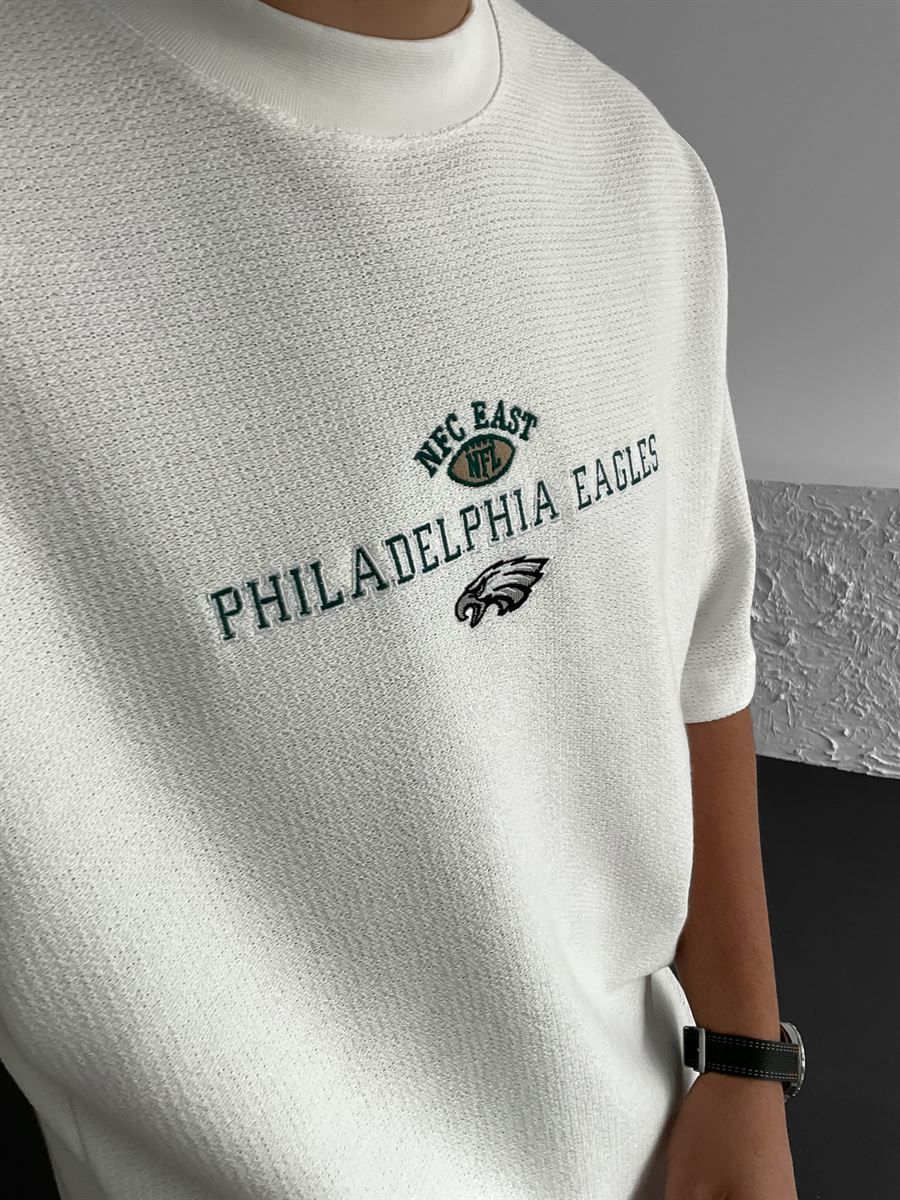 Beyaz Philadelphia Nakışlı Oversize T-Shirt BS-027