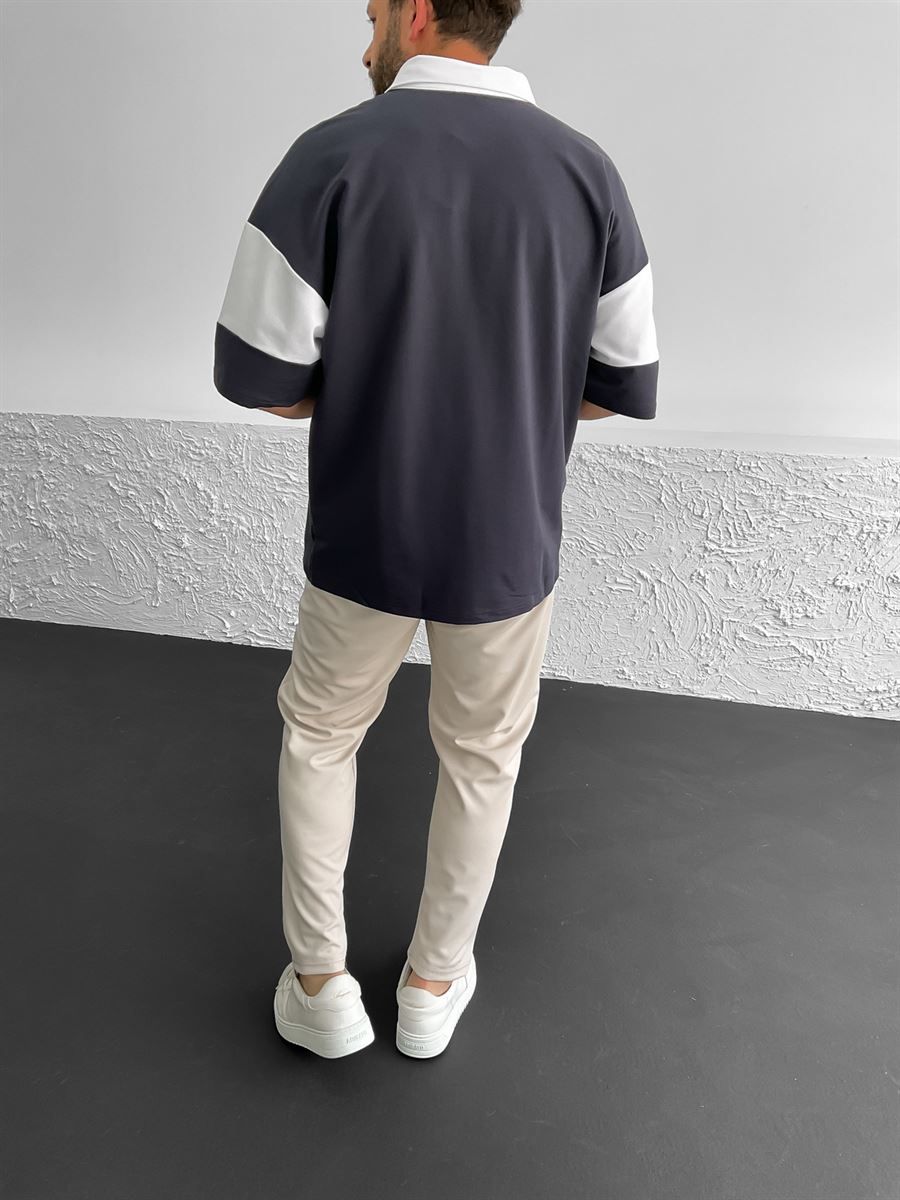 Füme Polo Yaka Şeritli T-Shirt B-1185