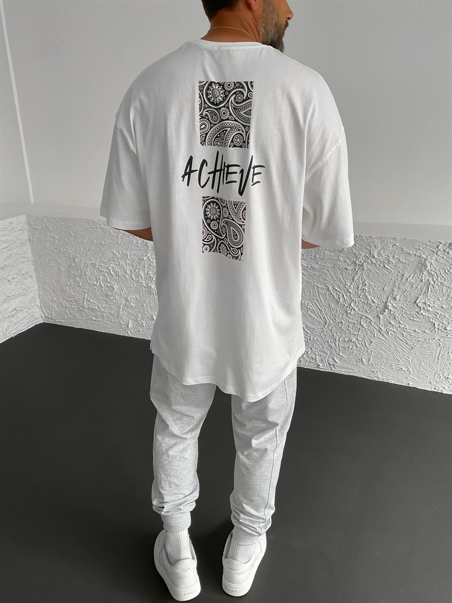 Beyaz Achieve Baskılı Oversize T-Shirt BY-1304