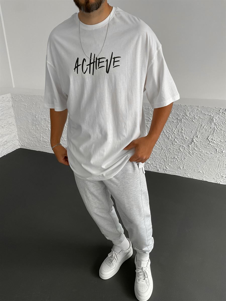 Beyaz Achieve Baskılı Oversize T-Shirt BY-1304