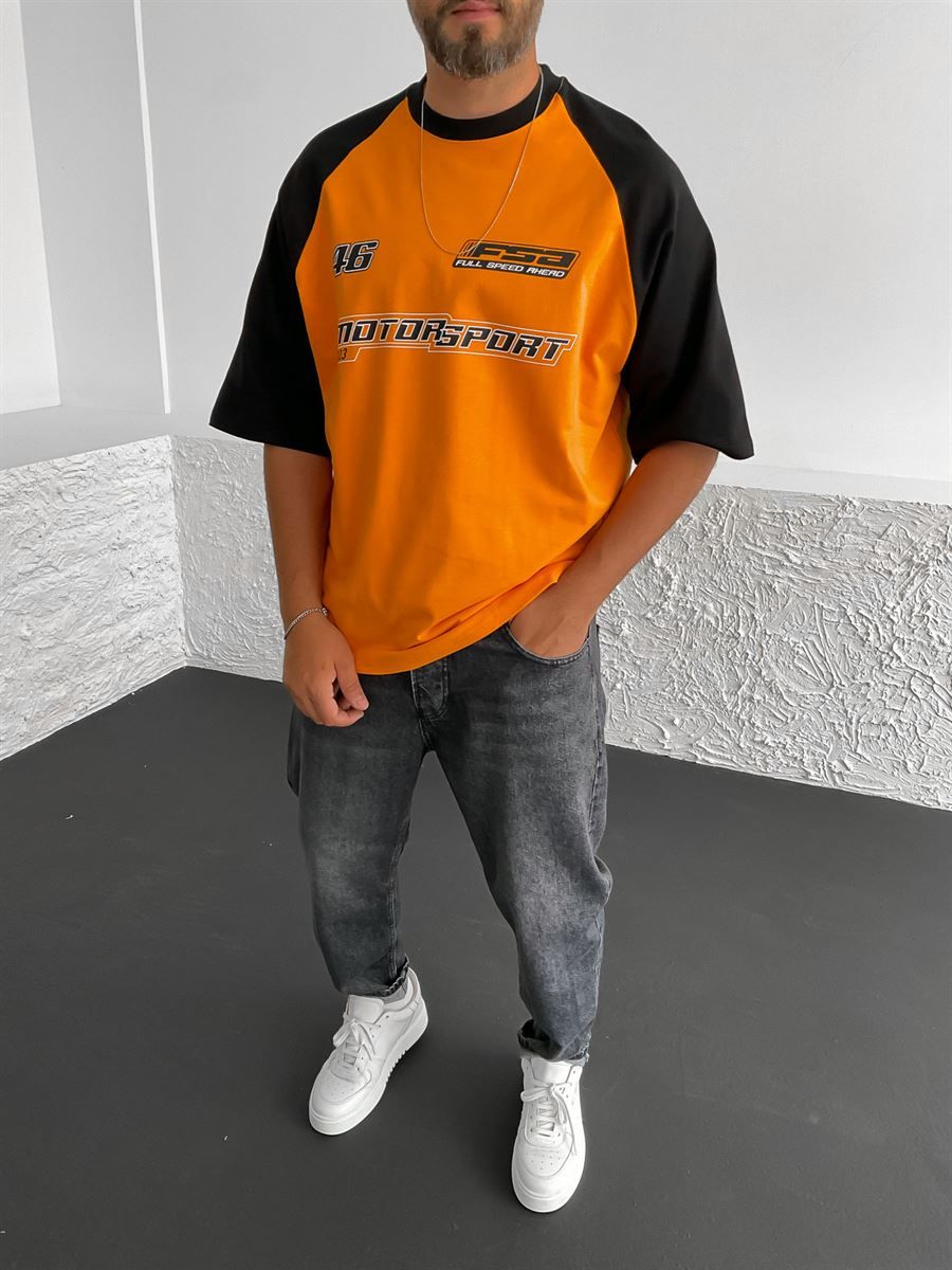 Turuncu Motosport Baskılı Oversize T-Shirt PM-047
