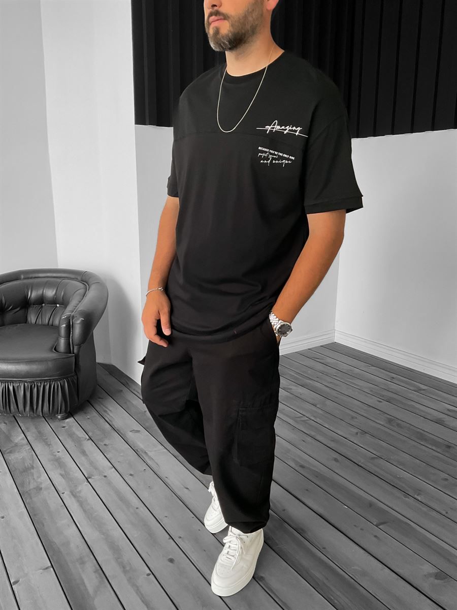 Siyah Amazing Kabartmalı Oversize T-Shirt YP-2042