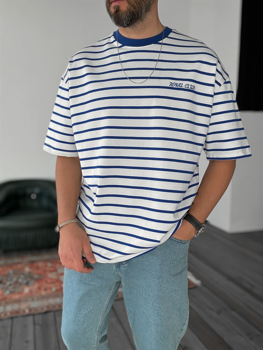 Mavi Çizgili Royal Nakışlı Oversize T-Shirt PM-102