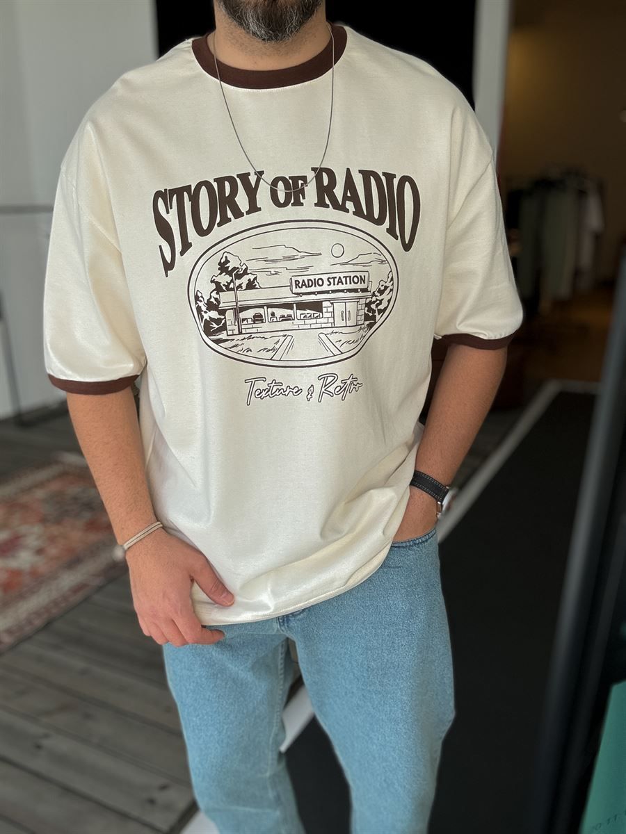 Bej Radio Station Baskılı Oversize T-Shirt PM-107
