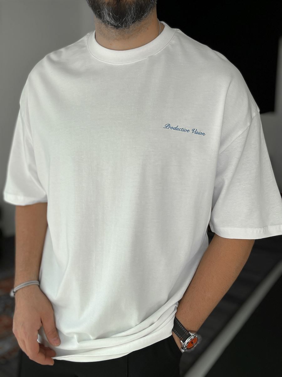 Beyaz Monaco Baskılı Oversize T-Shirt PM-111