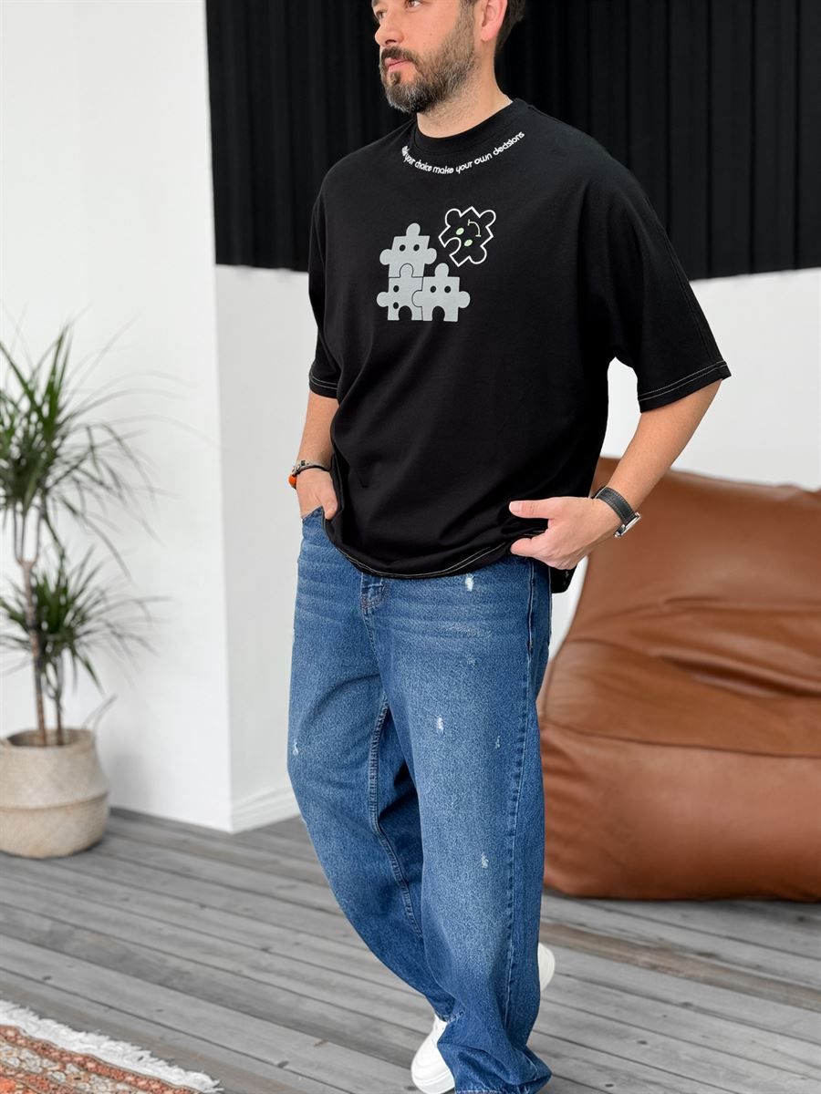 Siyah Puzzle Nakışlı Oversize T-Shirt JJ-262