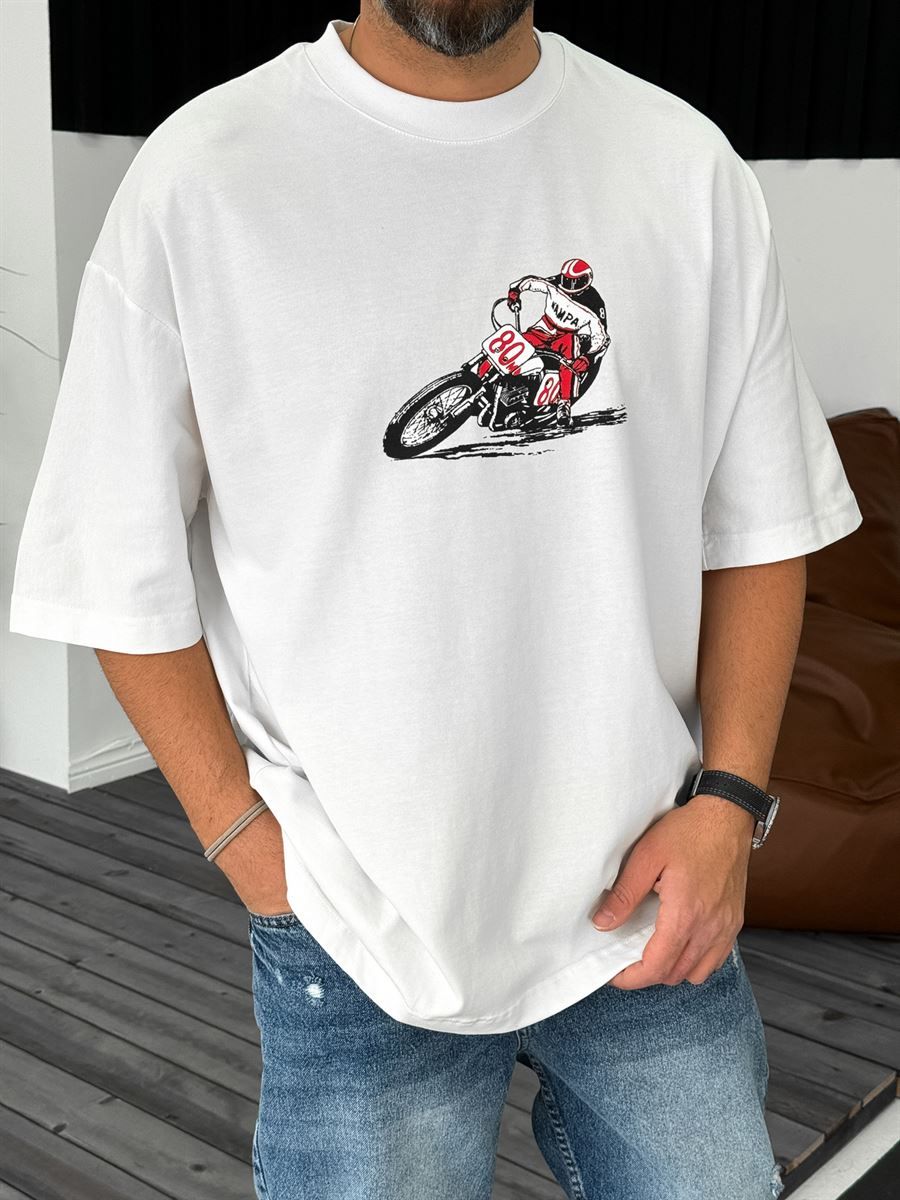 Beyaz Motocross Baskılı Oversize T-Shirt BS-4071
