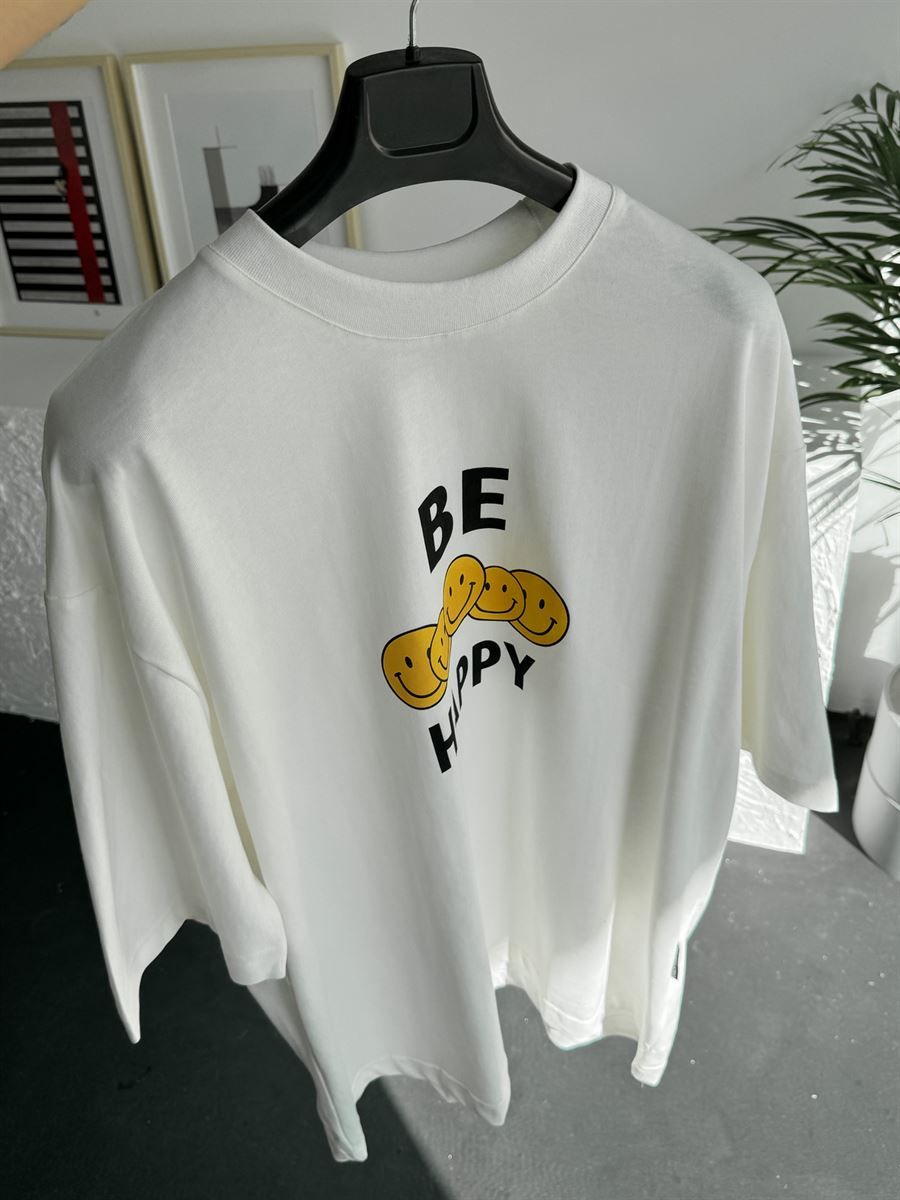 Beyaz Be Happy Baskılı Oversize T-Shirt BS-4074