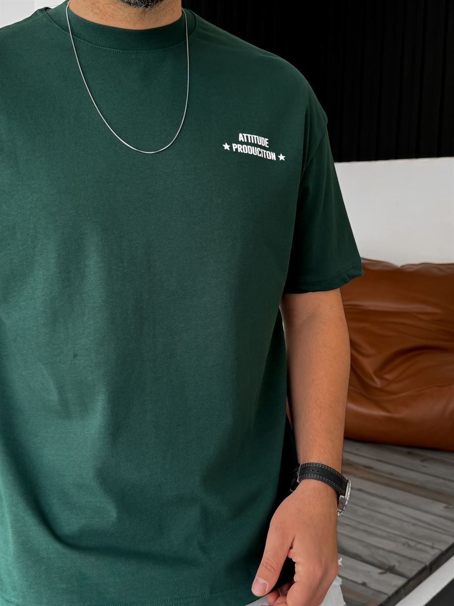 Koyu Yeşil Attitude Baskılı Oversize T-Shirt PM-