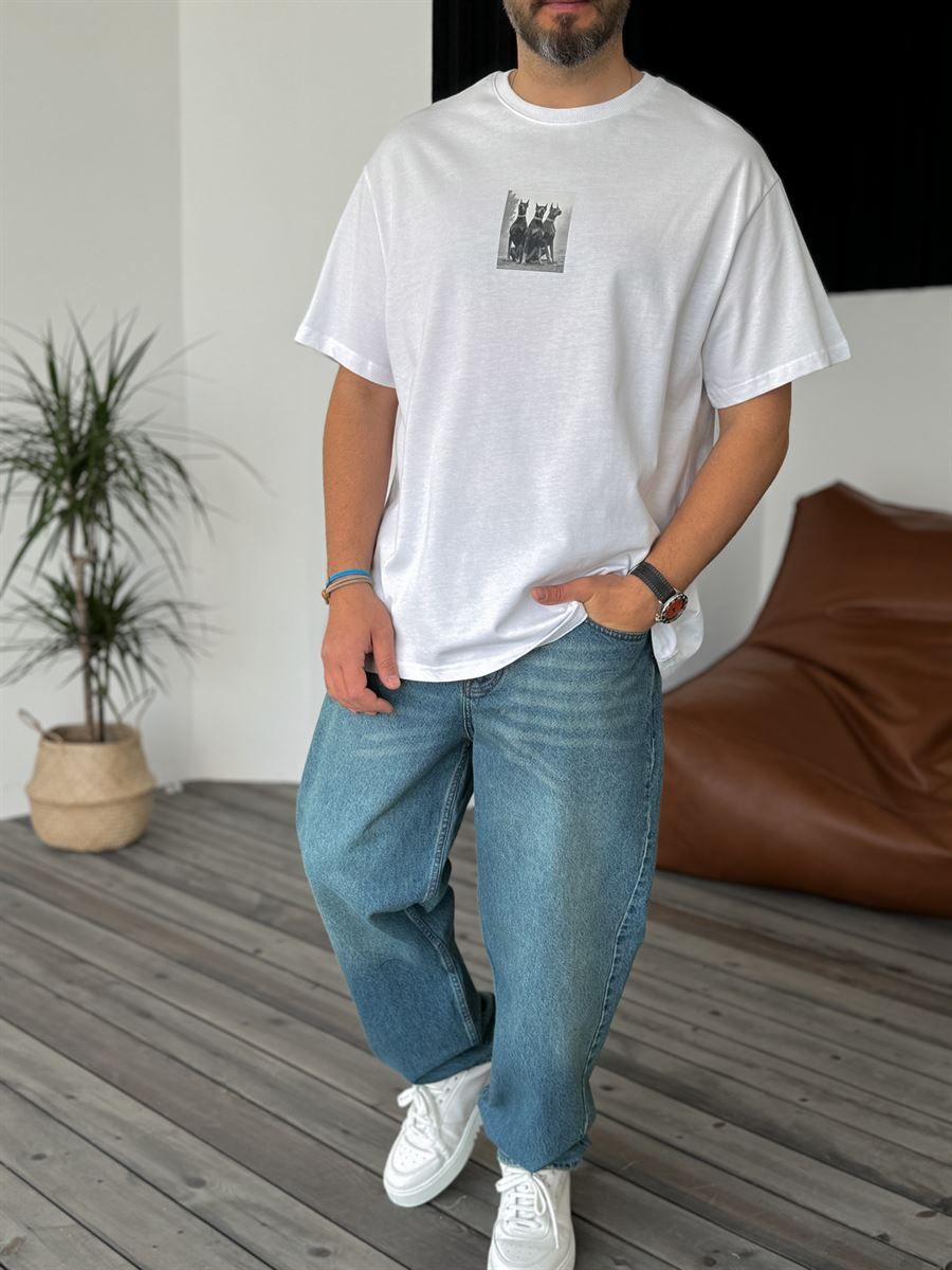Beyaz Doberman Baskılı Oversize T-Shirt C-1010