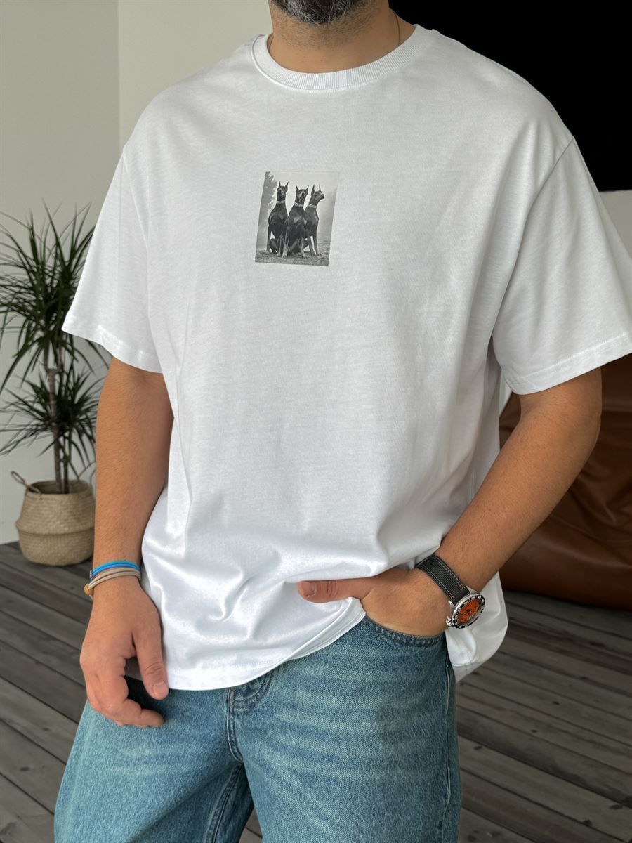 Beyaz Doberman Baskılı Oversize T-Shirt C-1010
