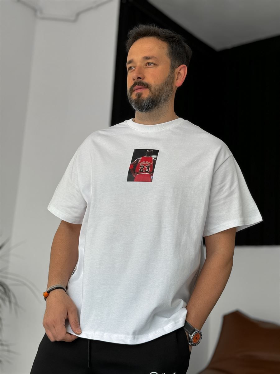 Beyaz Jordan Baskılı Oversize T-Shirt C-1008