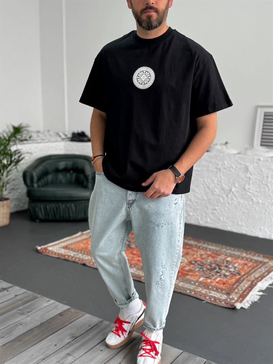 Siyah Mandala Kabartmalı Oversize T-Shirt C-1220
