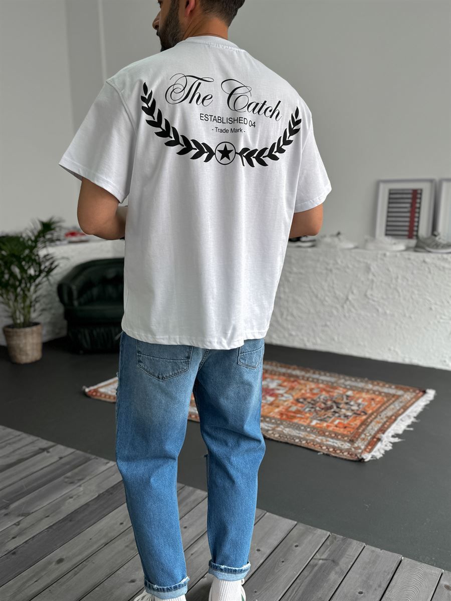 Beyaz Established Baskılı Oversize T-Shirt C-1219