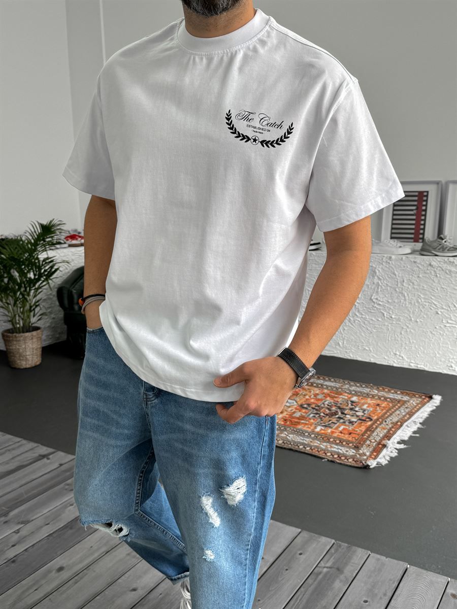 Beyaz Established Baskılı Oversize T-Shirt C-1219