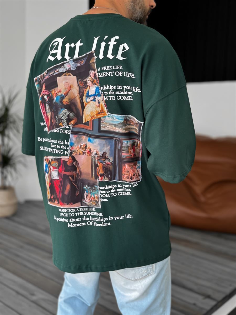 Koyu Yeşil Art Life Patchli Oversize T-Shirt B-1099