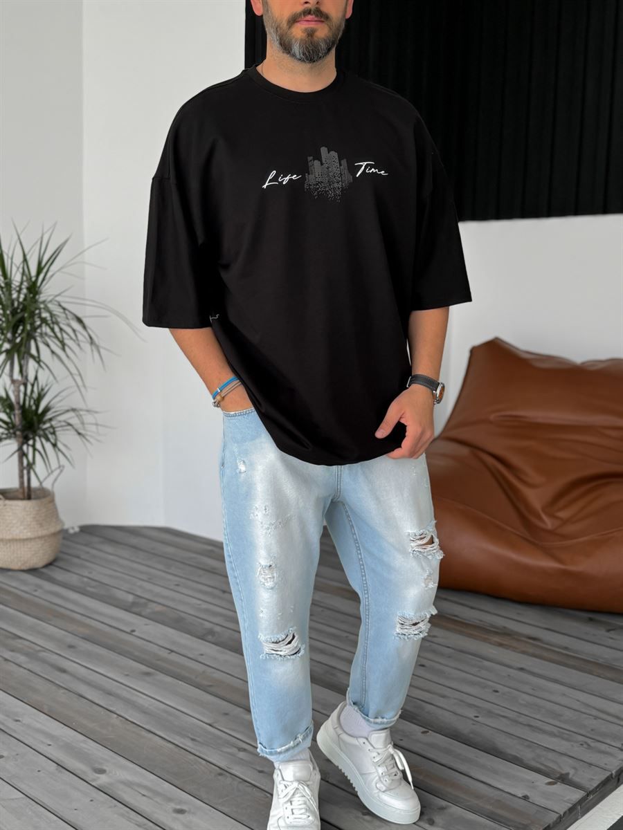 Siyah Life Time Kabartmalı Oversize T-Shirt B-1150