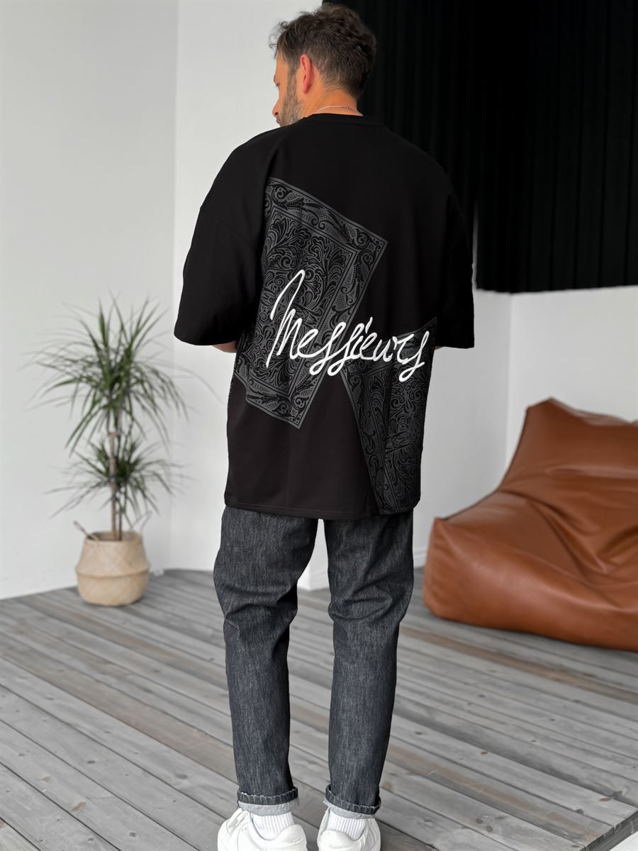 Siyah Messieurs Nakışlı Oversize T-Shirt B-1070