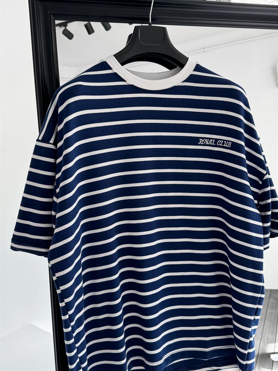Lacivert Çizgili Royal Nakışlı Oversize T-Shirt PM-102